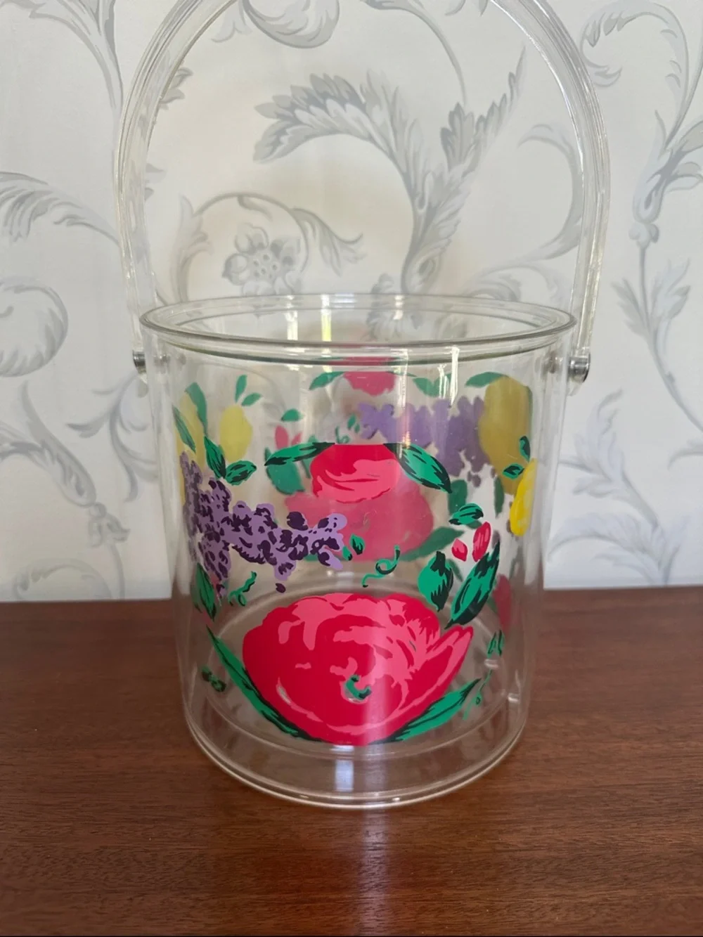 🧊 Clear Floral Acrylic Ice Bucket with Handle lid and tongs retro